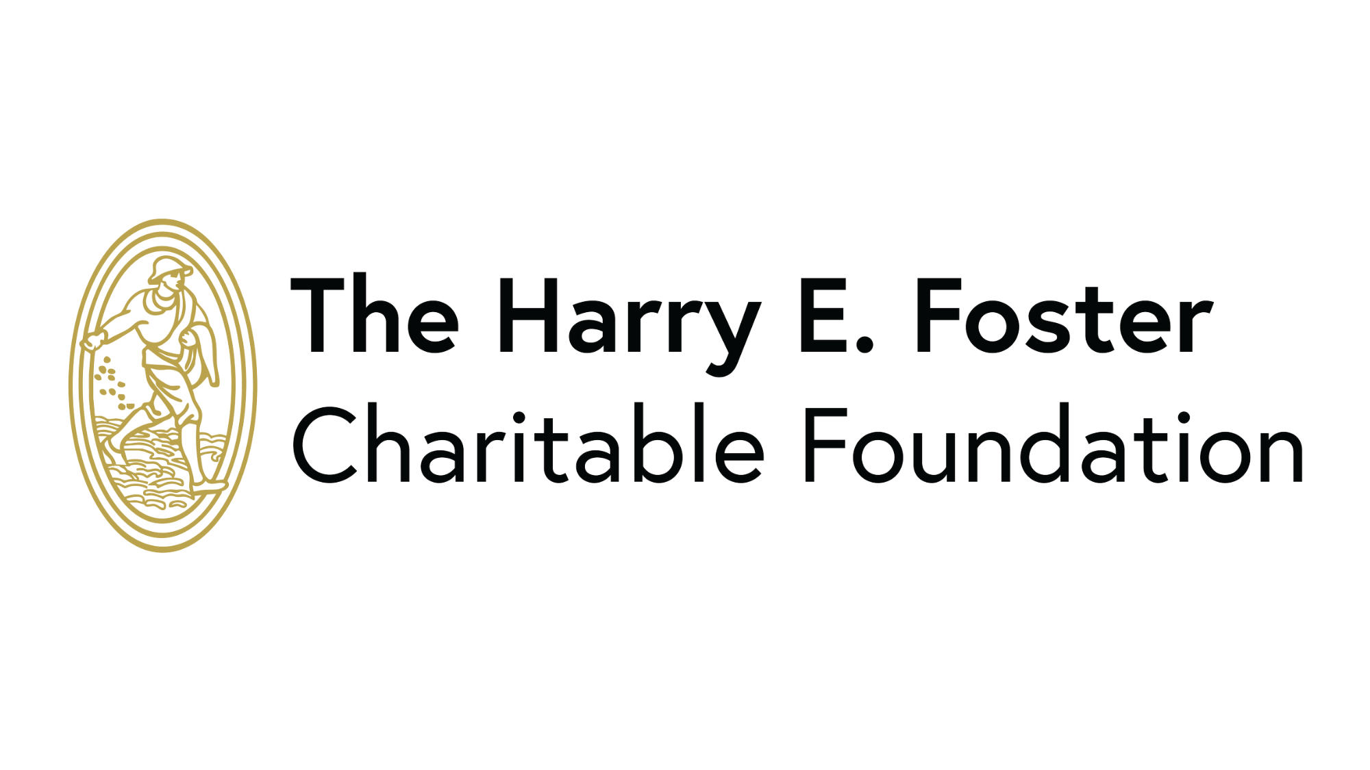 Logo of the Harry E. Foster Charitable Foundation with an illustration of a man in a robe holding a handful of coins, standing by the water.