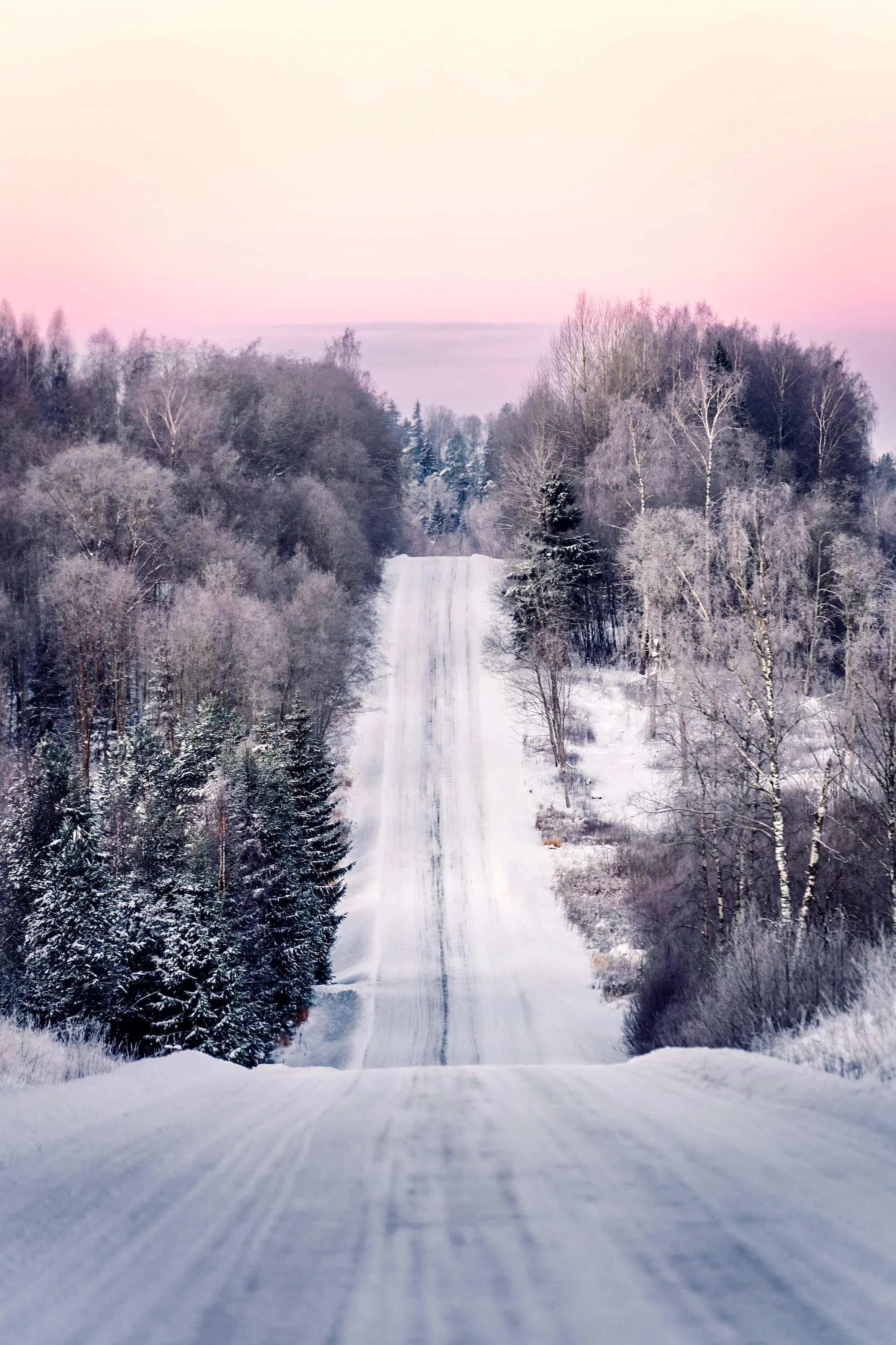 Härmatanud puud ja jäine maantee Lõuna-Eestis loojangutaevaga