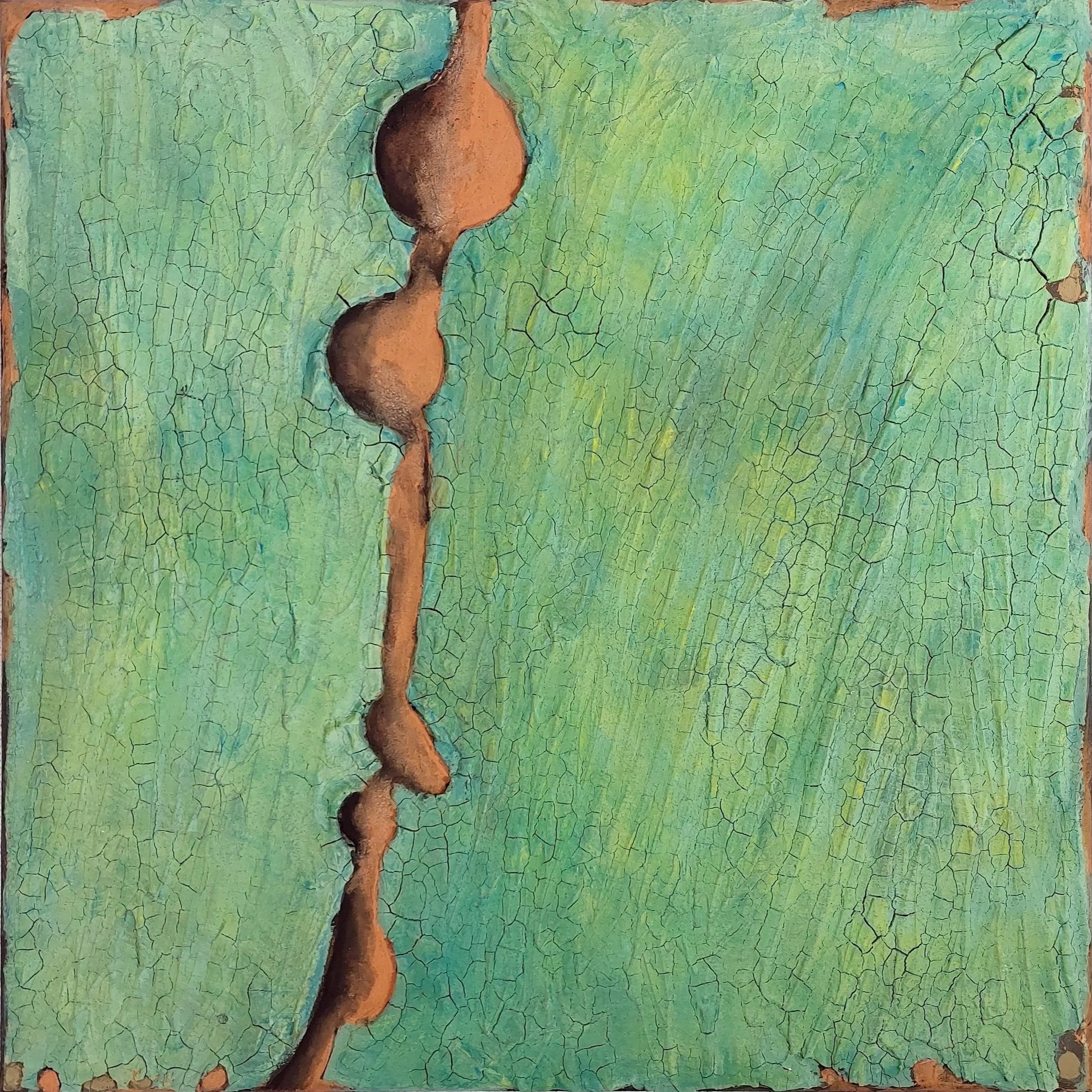 Abstraktes Strukturbild Mäandernde Wege mit Lehm und Gouache auf Leinwand mit Riss-Struktur und archaischem Charme von Beate Schumann