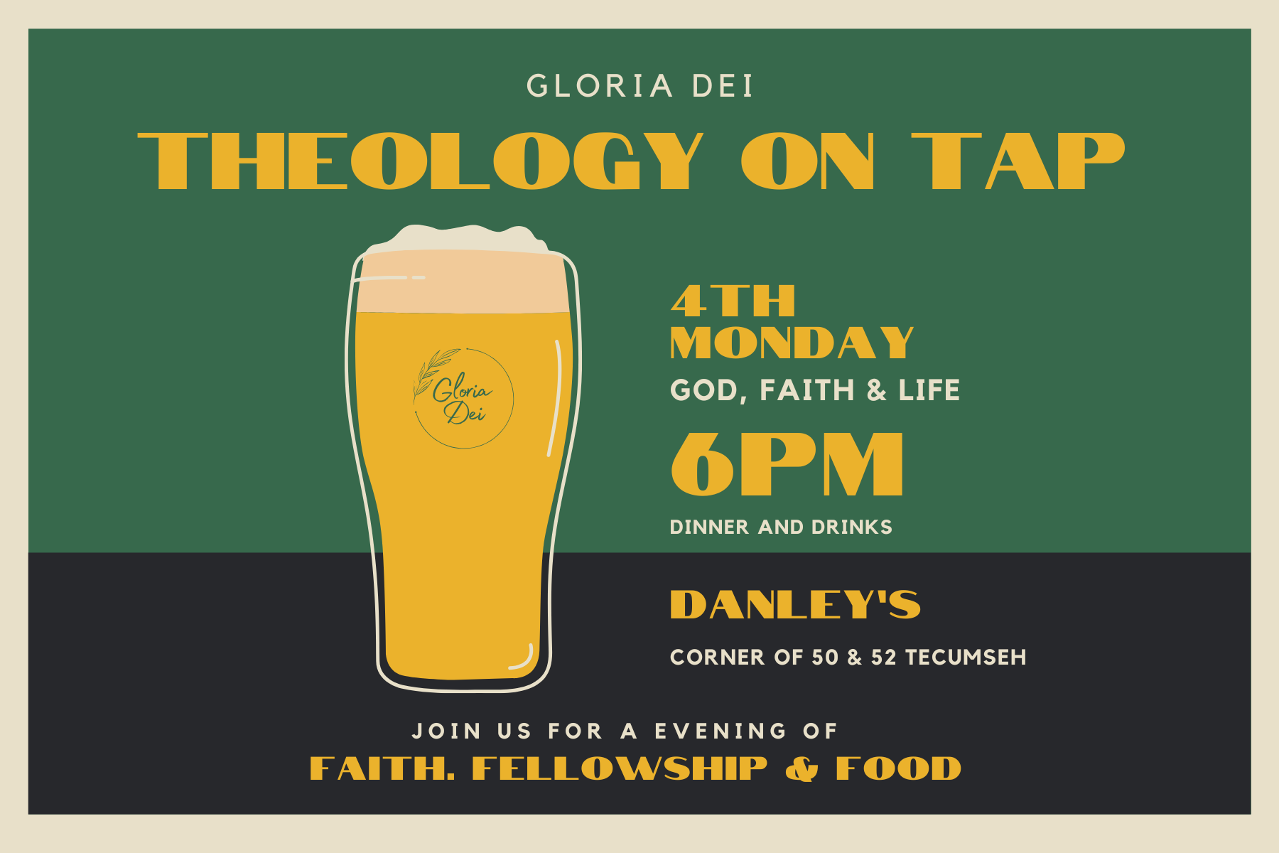 A promotional poster for an event called 'Theology on Tap' featuring an illustration of a glass of beer with the label 'Gloria Dei', details about the event including date, time, location at Danley's corner of 50 & 52 Tecumseh, and mentioning an evening of faith, fellowship, and food.