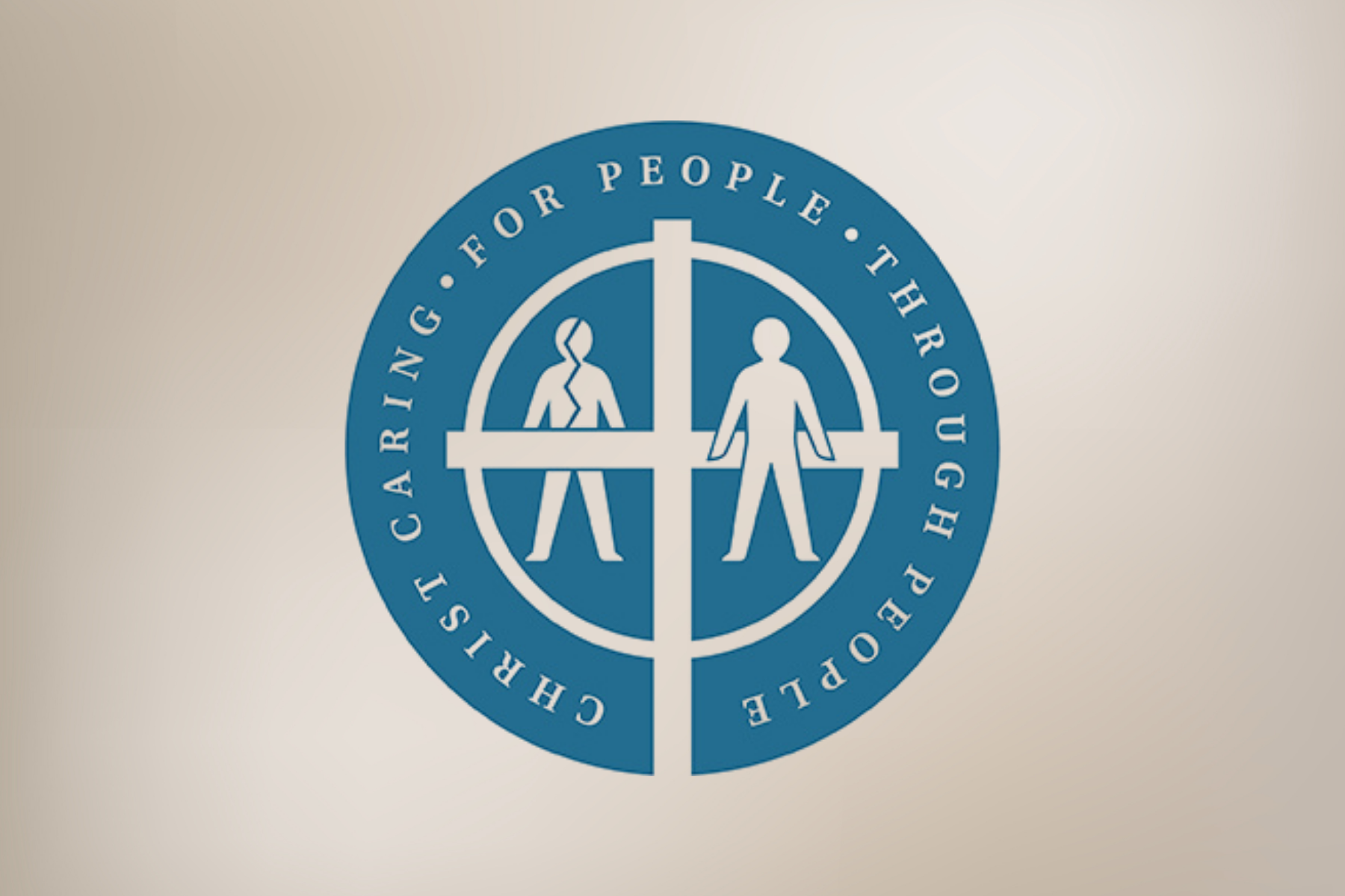 Peace symbol with human figures and the words 'Cherish Human Life - For People - Through People' around the circle.