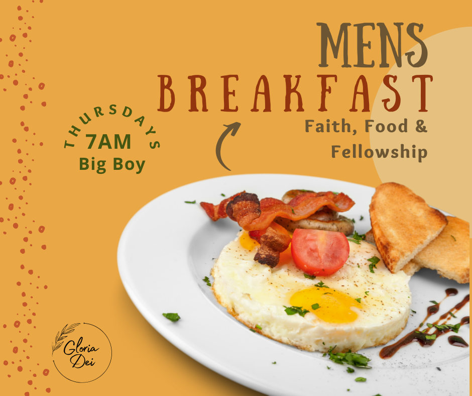 A breakfast plate with fried eggs, bacon, a tomato slice, toast, and herbs, on a white plate, promoting men's faith, food, and fellowship during Thursday at 7 AM with Big Boy.