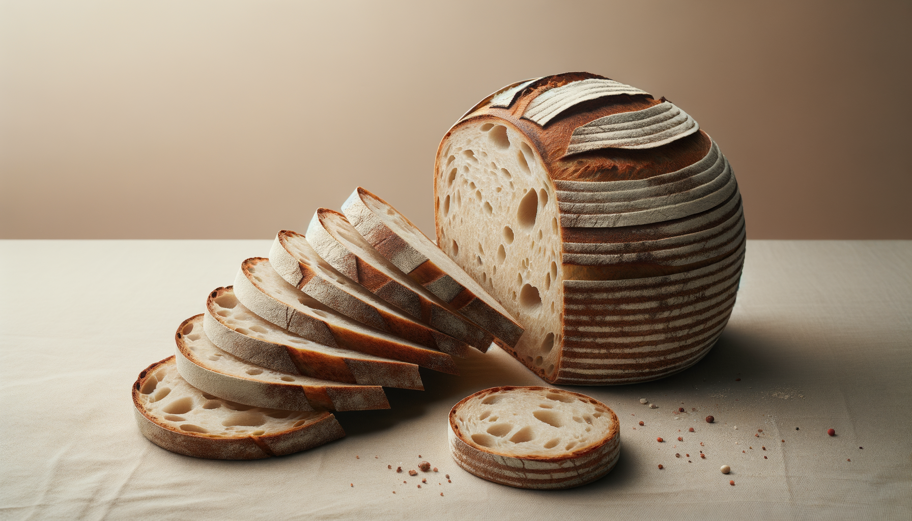 A round loaf of bread with a striped crust, partially sliced, on a white surface. Slices fanned out beside it, revealing a soft interior with large air pockets. There are small crumbs and peppercorns scattered on the surface.