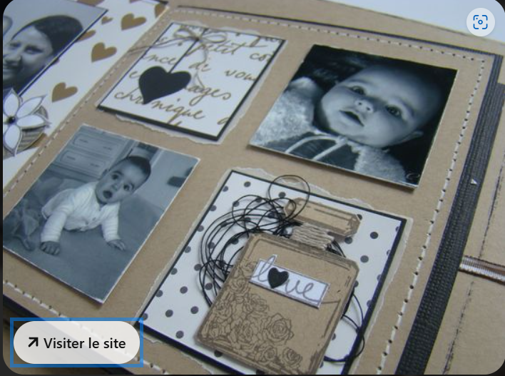 Une page de scrapbook avec des photos d'enfants, un mot 'Love', et des décorations en papier Kraft.