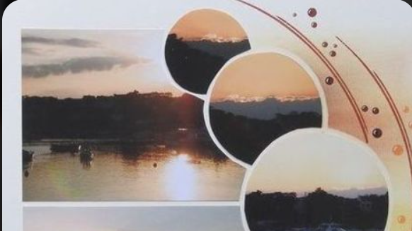 Page scrapée avec une composition d'images de coucher de soleil sur une étendue d'eau avec des cercles et des lignes décoratives autour.
