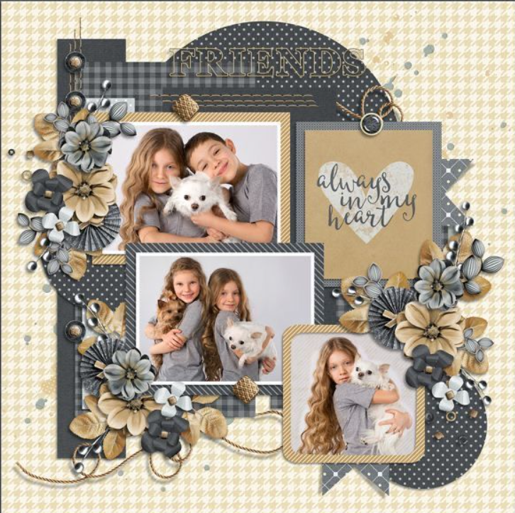 Page scrapée avec des collages de trois photos d'enfants avec des animaux, entourées de décorations florales et d'éléments en papier, avec le mot 'FRIENDS' en haut et la phrase 'always in my heart' dans un cœur.