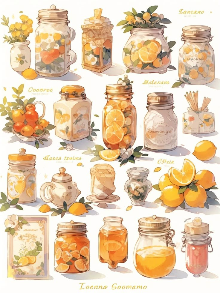 Une illustration de divers bocaux et contenants contenant des citrons, oranges, et citronnées, ainsi que des fleurs et des feuilles, avec des étiquettes en français.