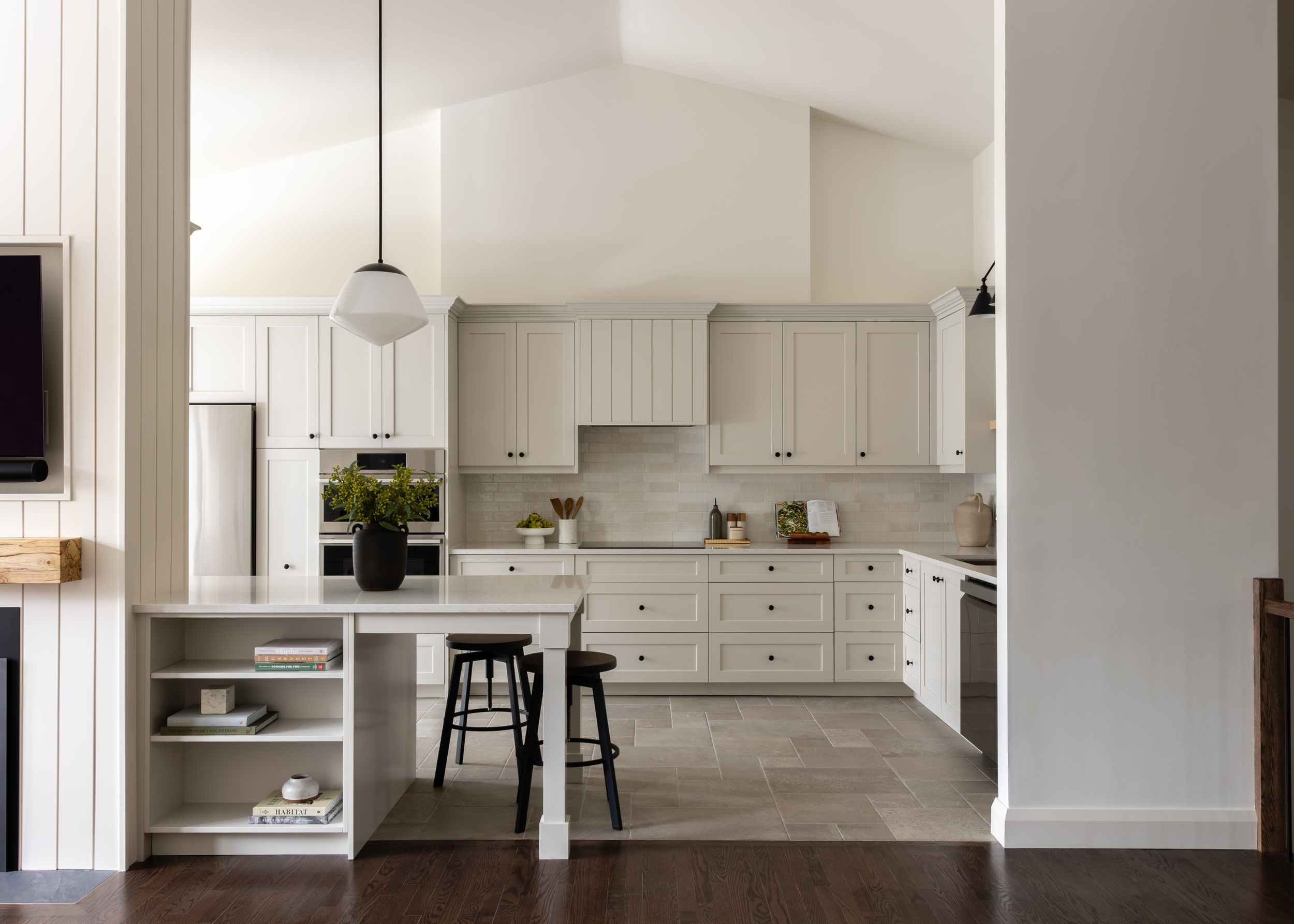 Ottawa kitchen renovation featuring warm grey cabinets and a tile floor.