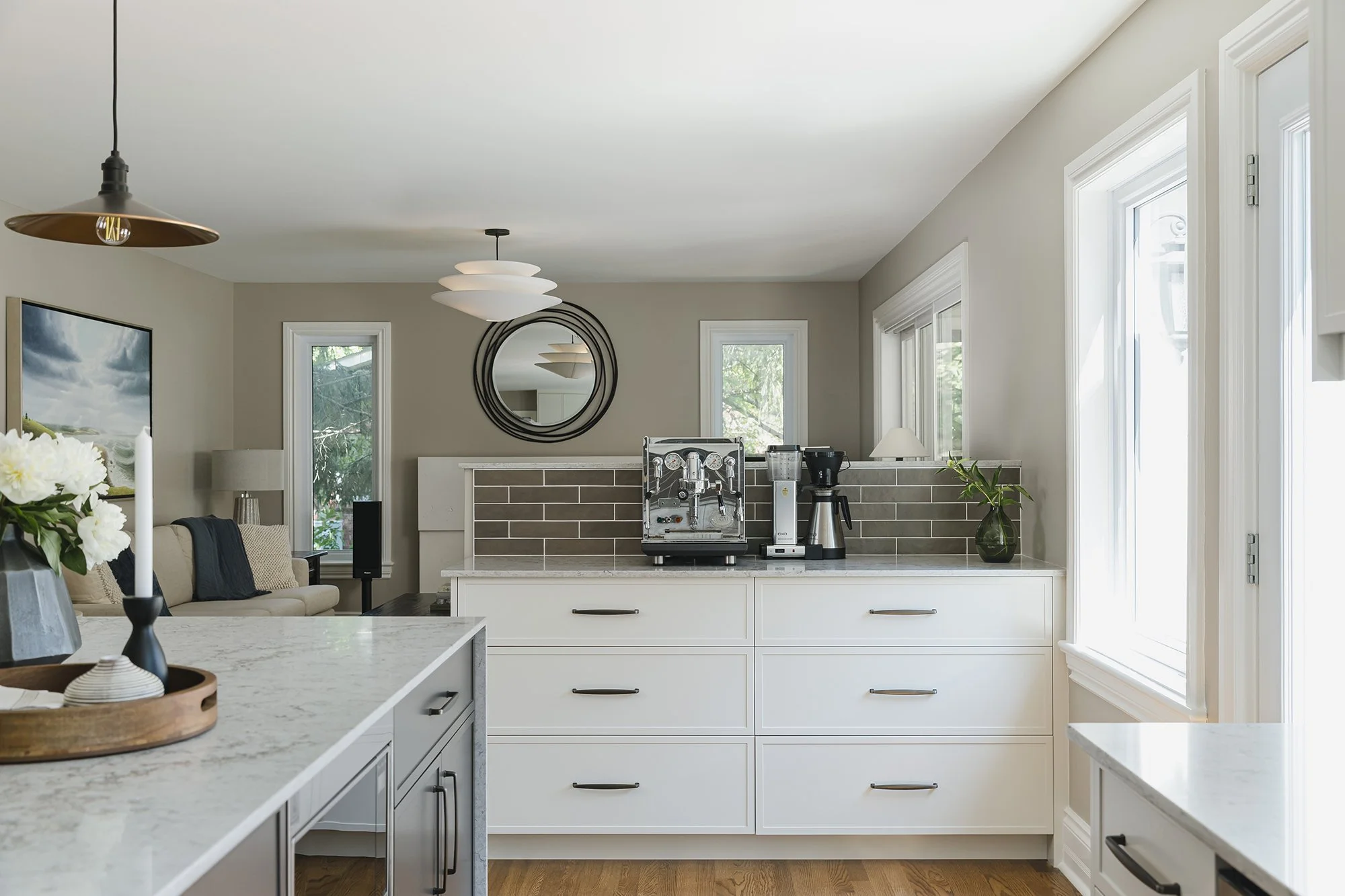 Custom kitchen design for an Ottawa family home featuring a dedicated coffee area