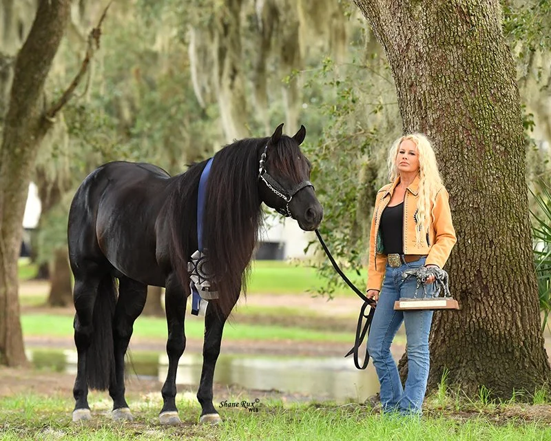 A woman standing next to a large tree holding a horse lead in a park-like setting with trees and water in the background.