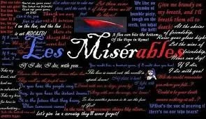 Promotional banner for the musical 'Les Miserables' with dark background and colorful text, featuring a small illustration of a character in the bottom right corner.