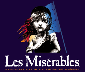 Graphic poster for Les Misérables featuring a young girl with long hair holding a small object, with the title and credits at the bottom.