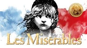 Illustration of a young girl with watercolors in the background, red on the right and blue on the left, with the title 'Les Miserables' in gold lettering and a gold emblem in the top right corner.