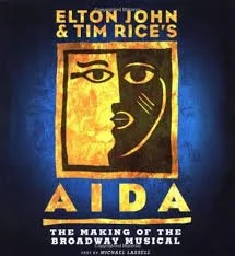Poster for the musical 'Aida' by Elton John and Tim Rice, featuring stylized face illustration and bold yellow and blue colors.