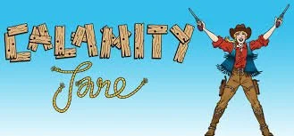 Illustration of a woman with arms raised, celebrating, with the words "Calamity Jane" in decorative letters in the sky.