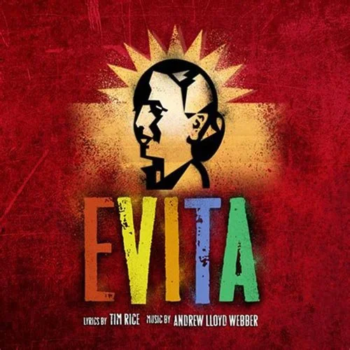 Album cover with a stylized profile of a man's head surrounded by a yellow sunburst on a red background, with the word "EVITA" in colorful block letters below.