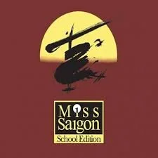 Miss Saigon logo with a stylized yellow sun and black brushstroke of a helicopter.