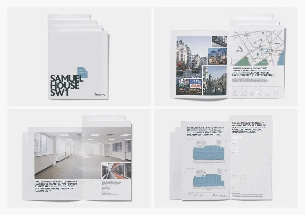 Brochure or flyer for Samuel House SW1, showing exterior and interior spaces, maps, and photographs of the location in London.