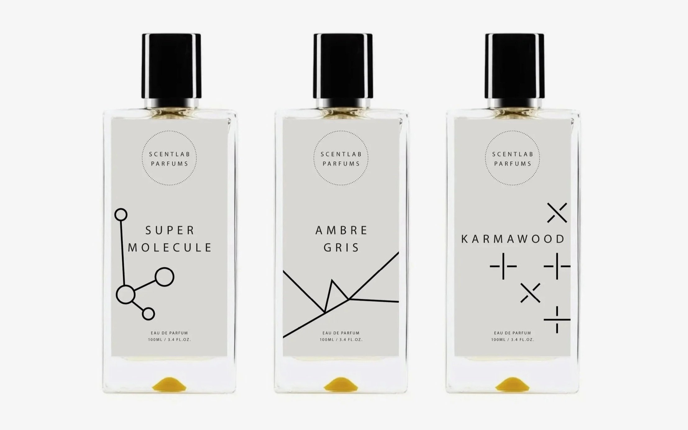Three perfume bottles labeled Super Molecule, Ambre Gris, and Karmawood from Scentlab Parfums with minimalist geometric designs on a white background.