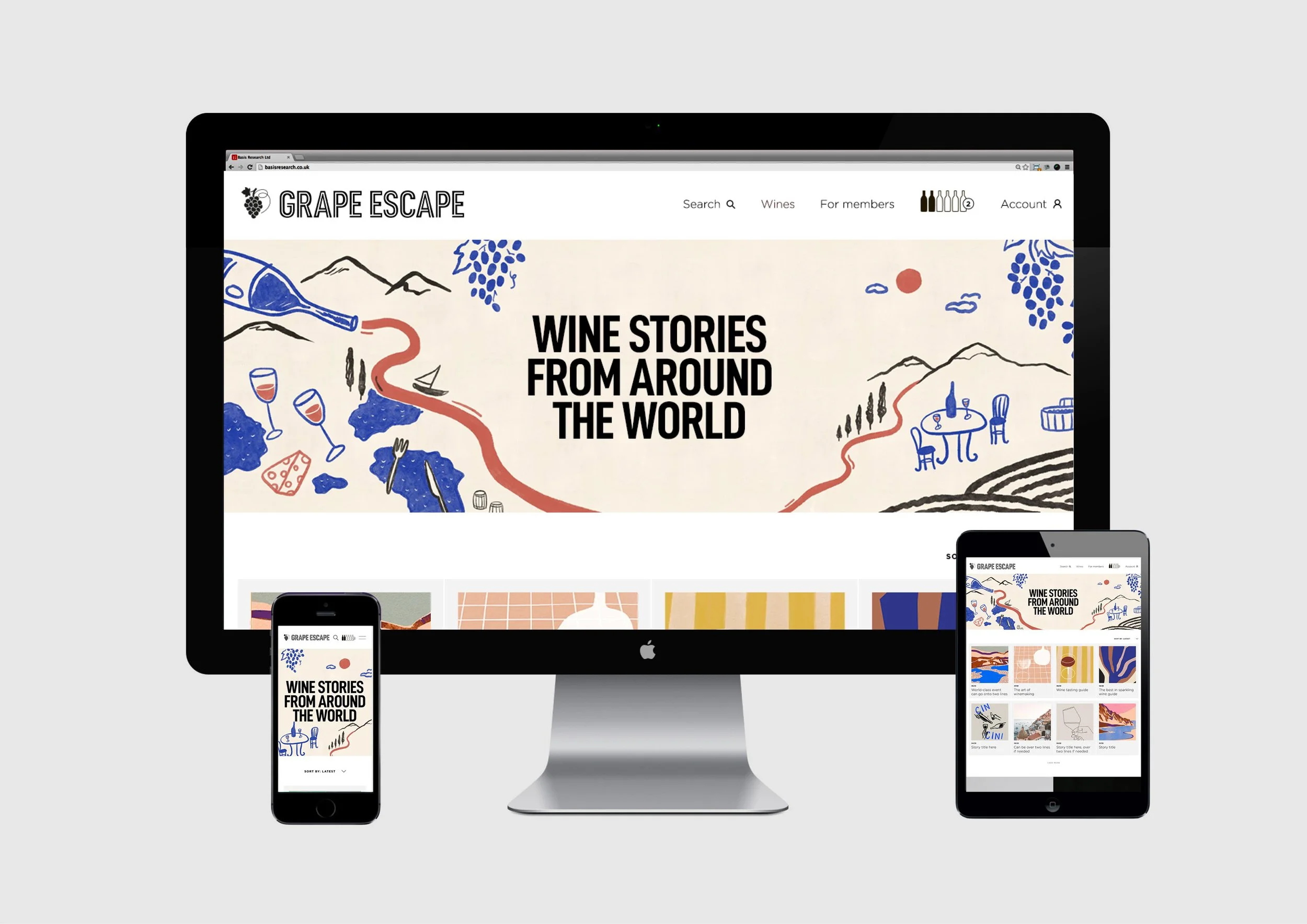 A desktop computer, tablet, and smartphone displaying the website 'Grape Escape' with a banner that says 'Wine stories from around the world' and illustrations of wine, landscape, and vineyard scenes.