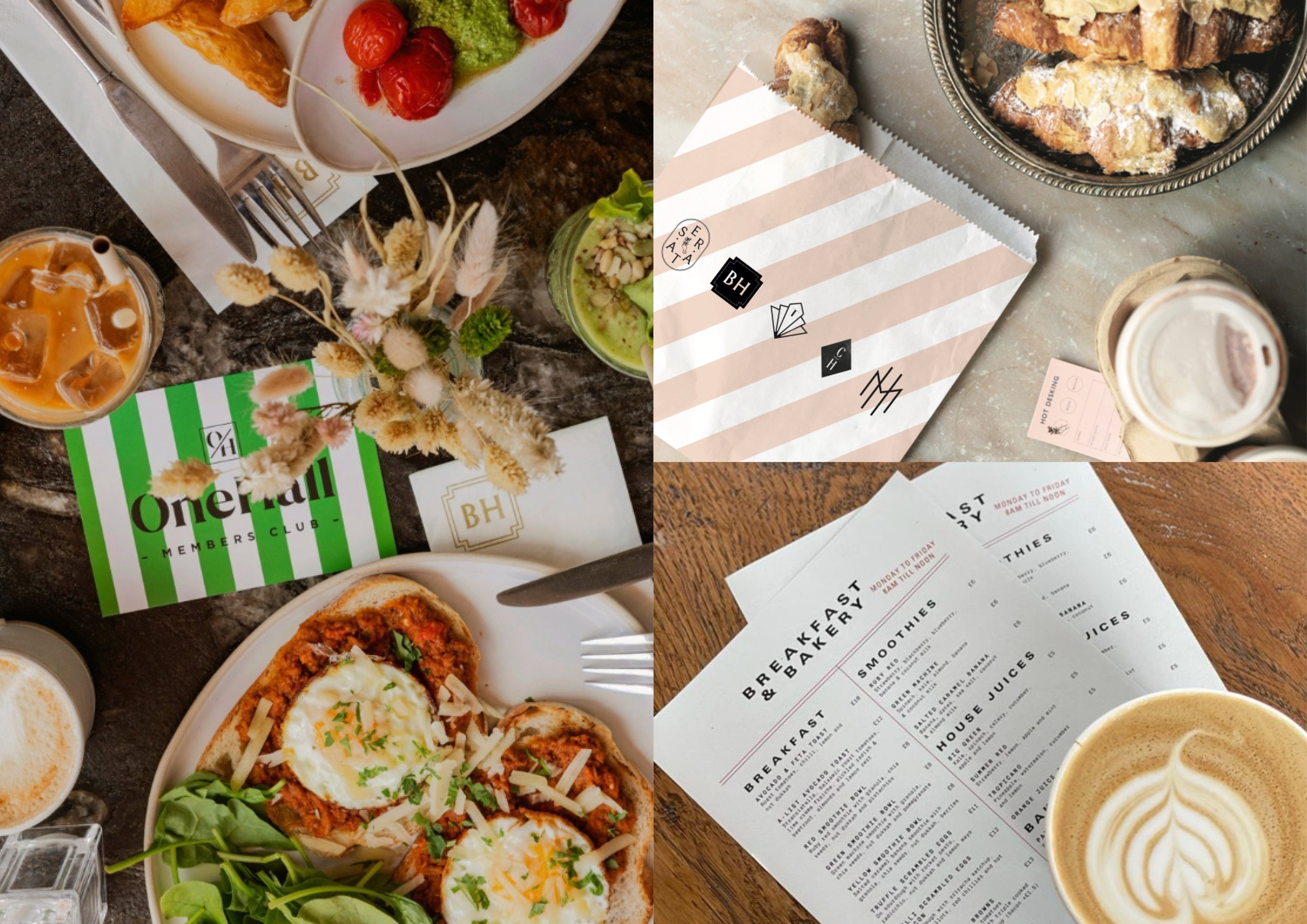 A collage of three images depicting breakfast and brunch items. The top left image shows a table with a plate of pancakes with strawberries, an iced coffee, a small green drink, and some flowers. The bottom left image displays a plate with eggs bened