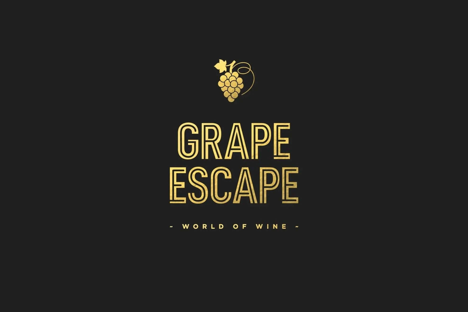 Gold text on black background with a grape cluster icon at the top, reading 'Grape Escape - World of Wine'.
