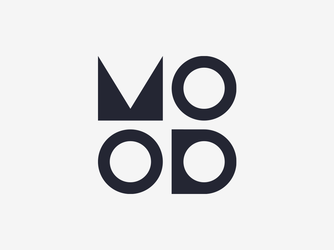 The word 'MOOD' arranged in a 2x2 grid with 'MO' on top and 'OD' below in bold, black uppercase letters on a light gray background.