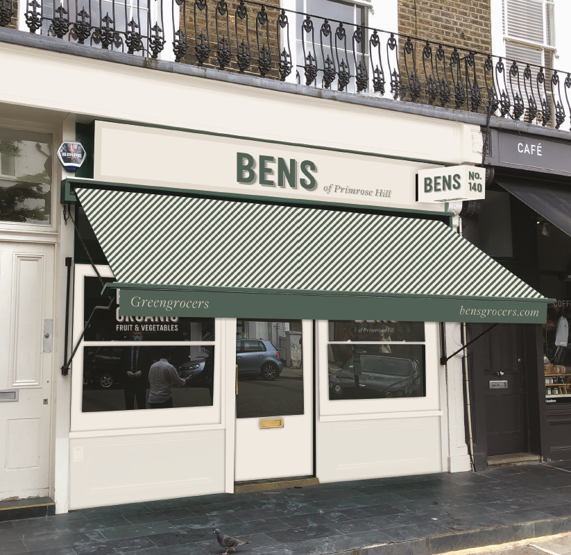  storefront with a green striped awning reading 'BENS Greengrocers' and a sign indicating address 'BENS No. 140' with a sidewalk and reflection of cars in window.