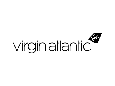 Virgin Atlantic logo with stylized text and a feather graphic.