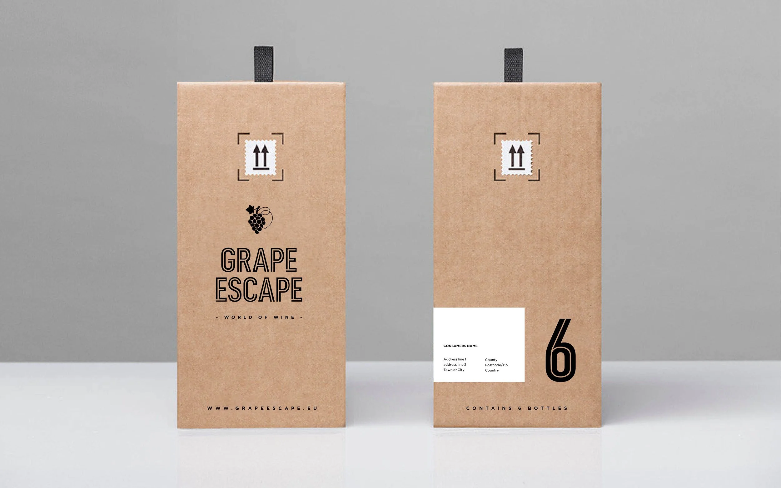 Two brown paper wine carrier boxes with black handles, one showing front view with grape logo and 'Grape Escape' branding, the other showing back view with shipping information and large number 6.