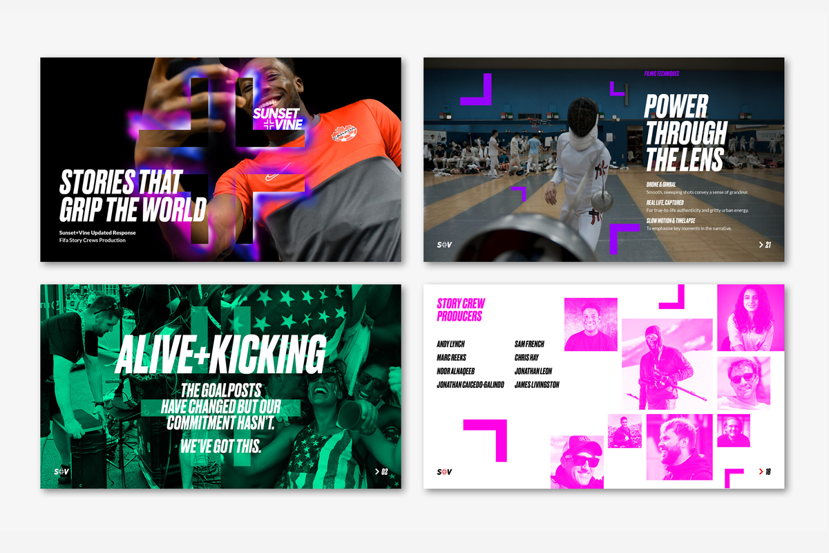 Four slides of sports and entertainment-related graphics with vibrant colors, photographs, and bold text, featuring people, sports activities, and team members, with titles such as "Stories That Grip The World," "Power Through The Lens," "Alive + Kic