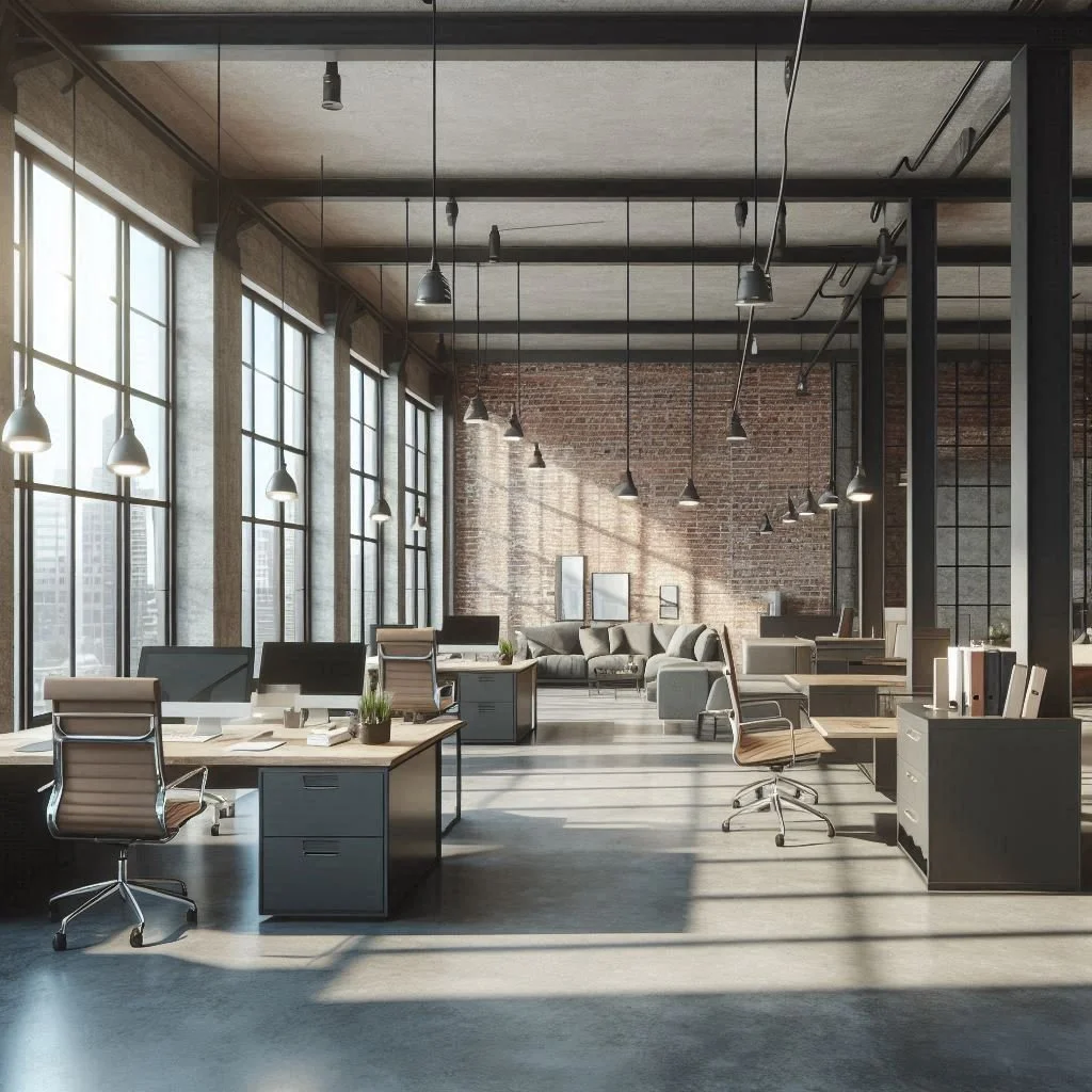Modern office space with large windows, desks, chairs, and a lounge area with a sofa, in an industrial style building with brick walls.