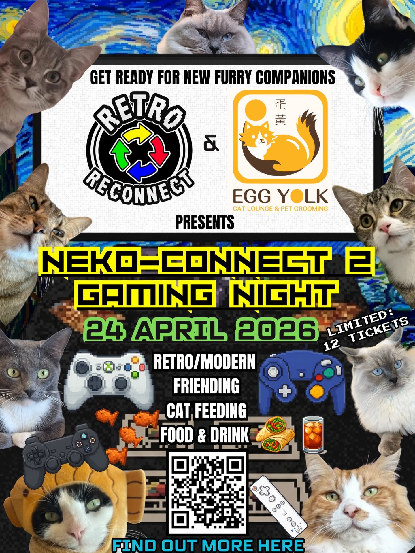 Neko-Connect is Back!! 😺 And this time - Everyone 18+ is invited 🙌 In this collab you&rsquo;ll be feeding &amp; befriending cats, reliving retro gaming (ps2, xbox360, GameCube, Wii), meeting fellow gamers and enjoying dinner w us! Tickets are super