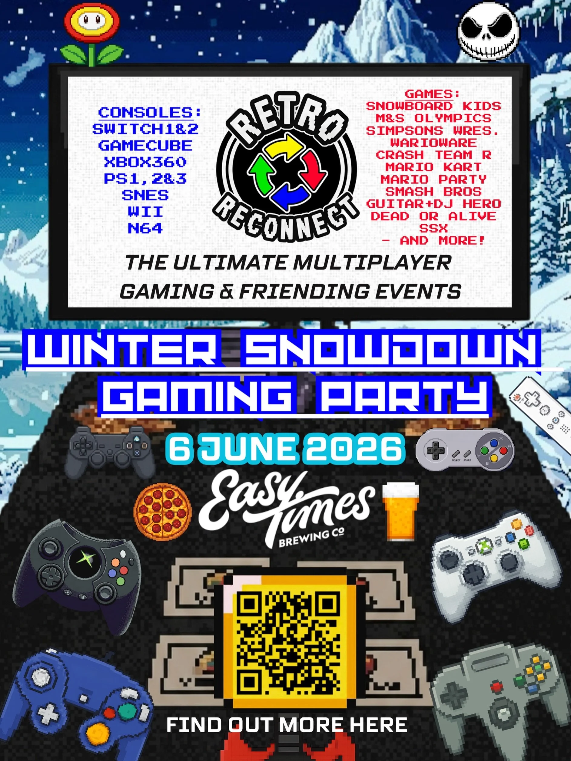 The Winter Snowdown Showdown is Here!!🥶 Get ready for a Chilly Selection of Snow related games alongside party favourites ❄️ The PS1 and SNES will also make their debut 🧊 Pickup a ticket to join this ice-cold gaming party 🤘

Ticket 🎟️: www.retro-