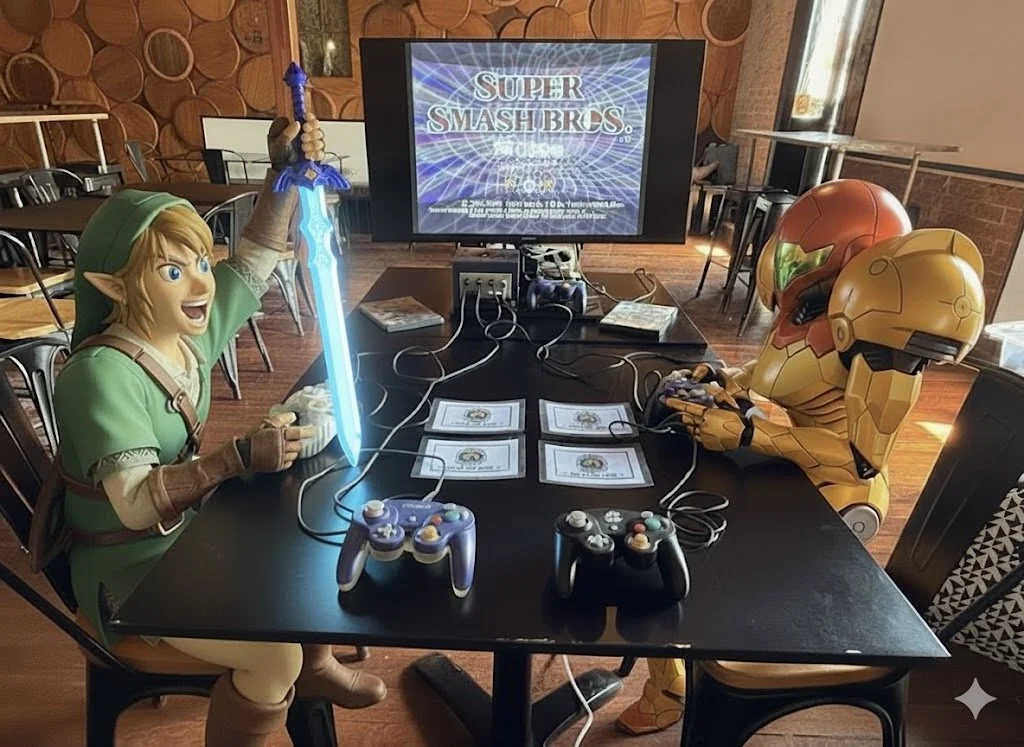 Life-sized figures of Link from The Legend of Zelda and Samus Aran from Metroid playing Super Smash Bros. on a Nintendo Switch at a themed gaming event.