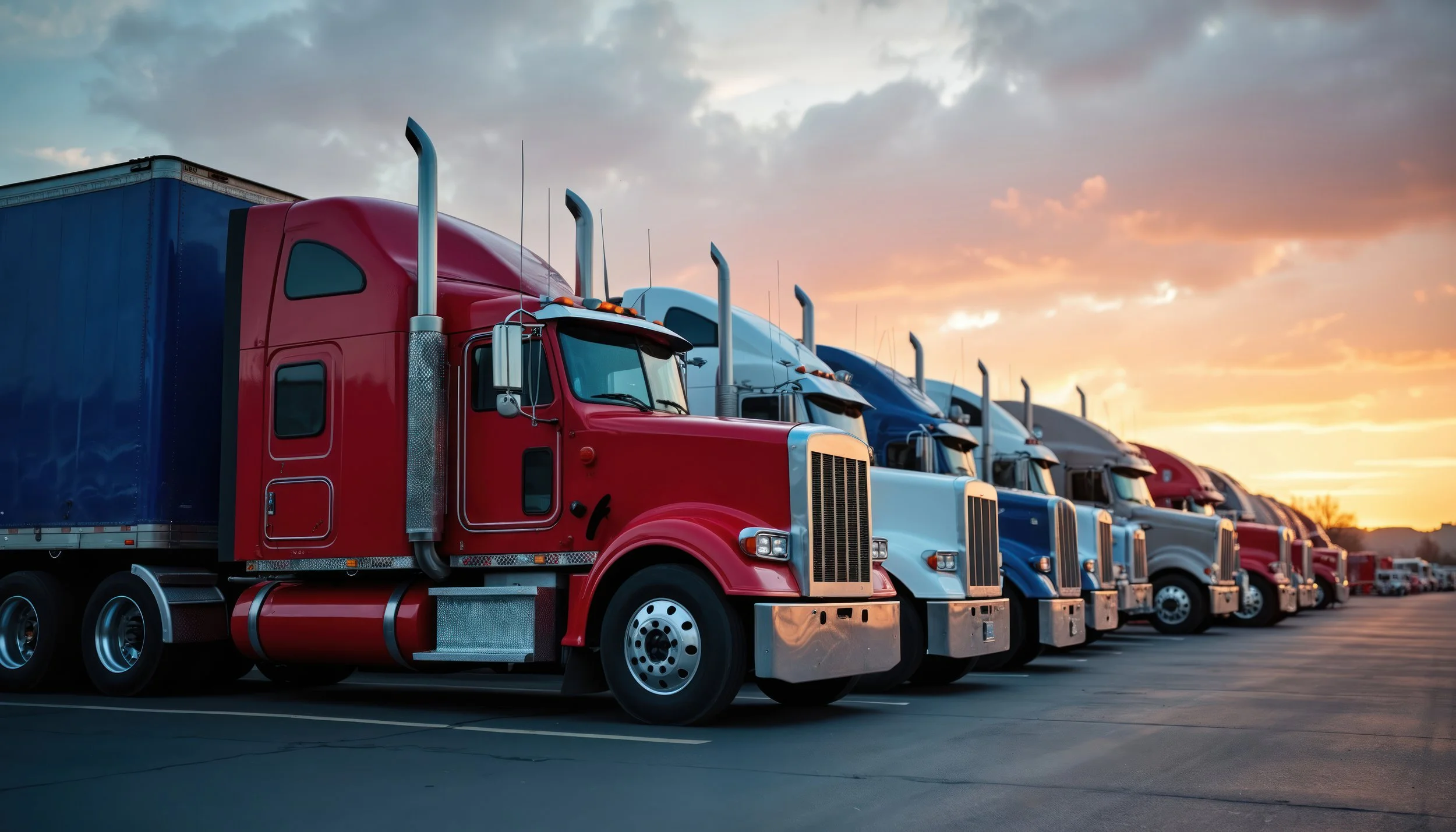 ine of heavy-duty trucks parked in a fourcourt, representing truck dealership and service staffing