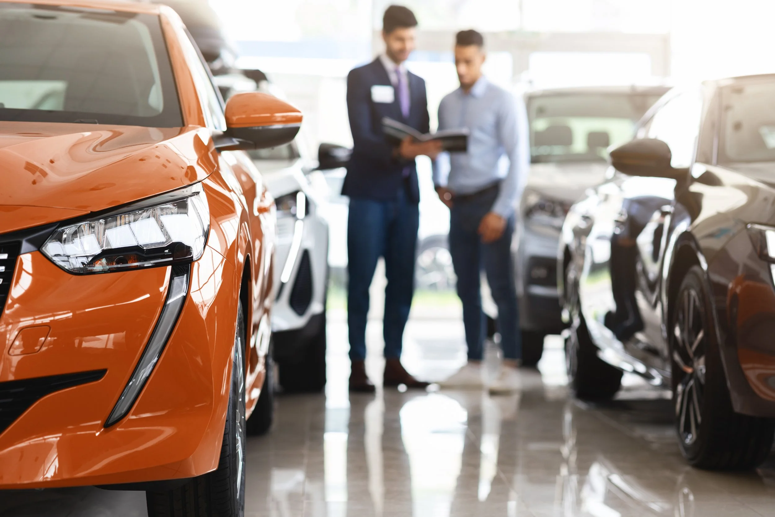 Dealership sector showing a modern car showroom with sales staff and customers