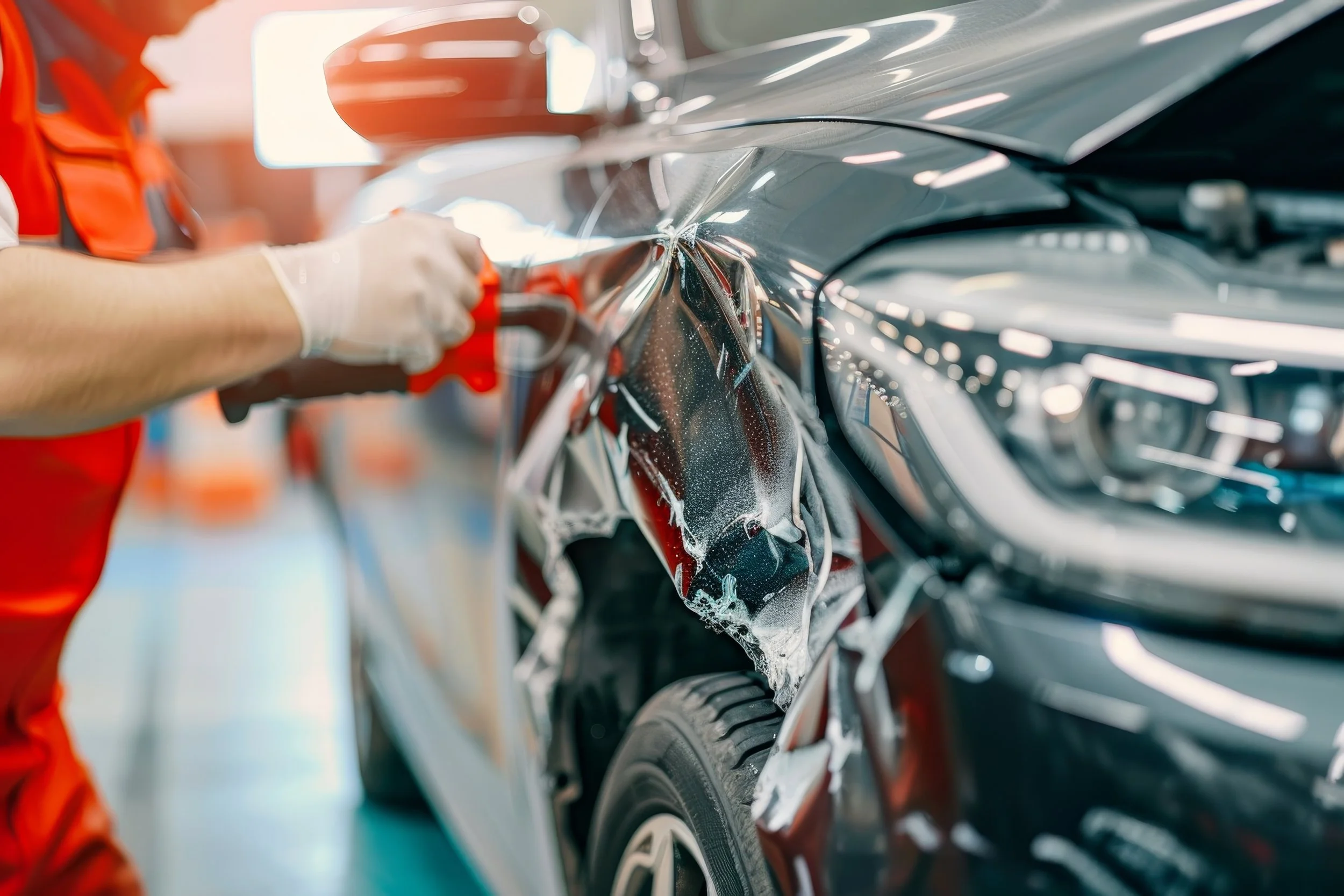 Collision technician working on a car, representing skilled placement