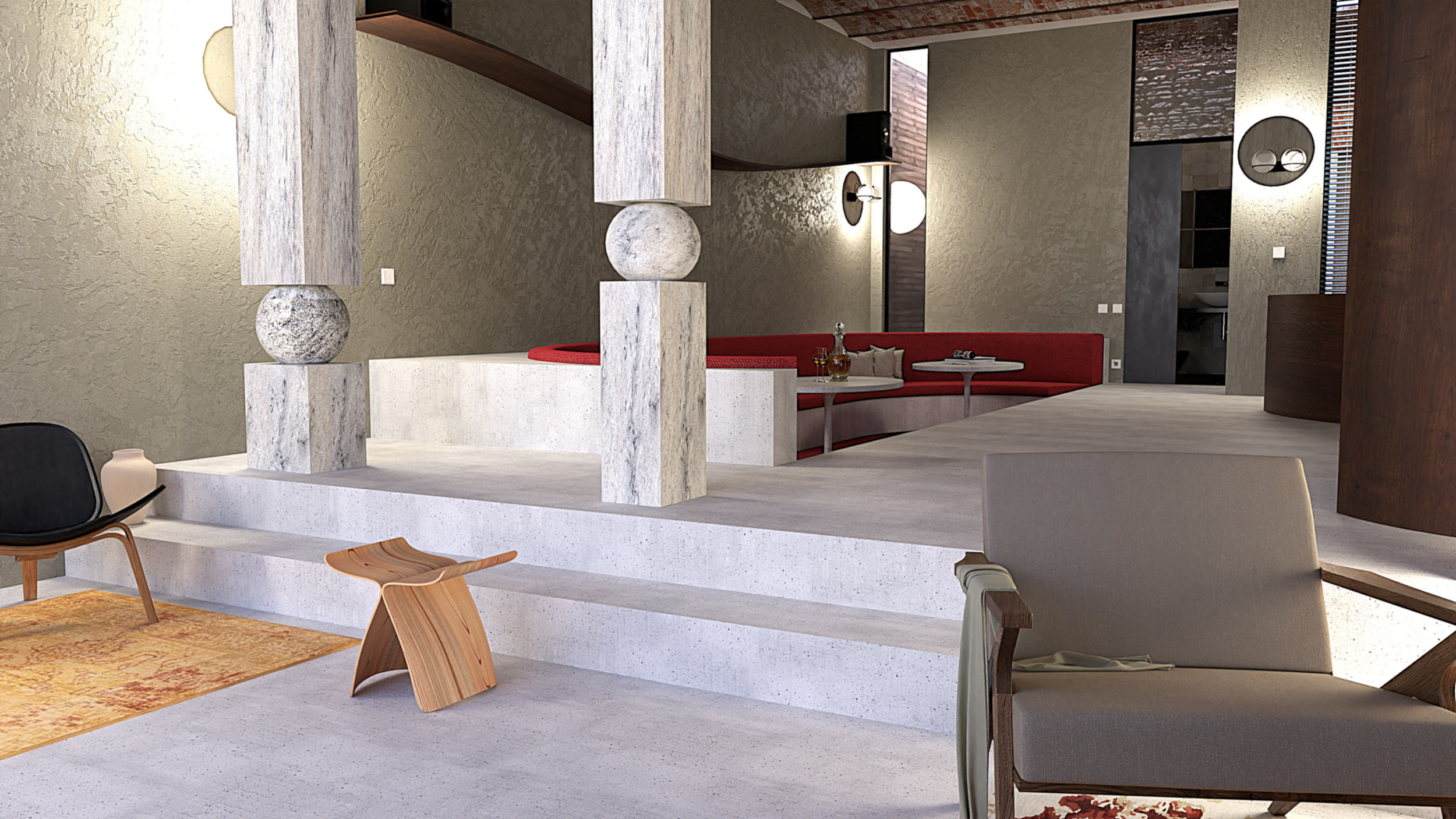 Modern living room with a beige armchair, black lounge chair, and wooden bench on a yellow rug, with a step leading to a sitting area with a red curved sofa and a small table.