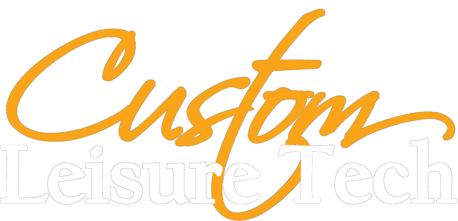 Logo with stylized orange script reading 'Custom' and white font reading 'Leisure Tech' on a black background.