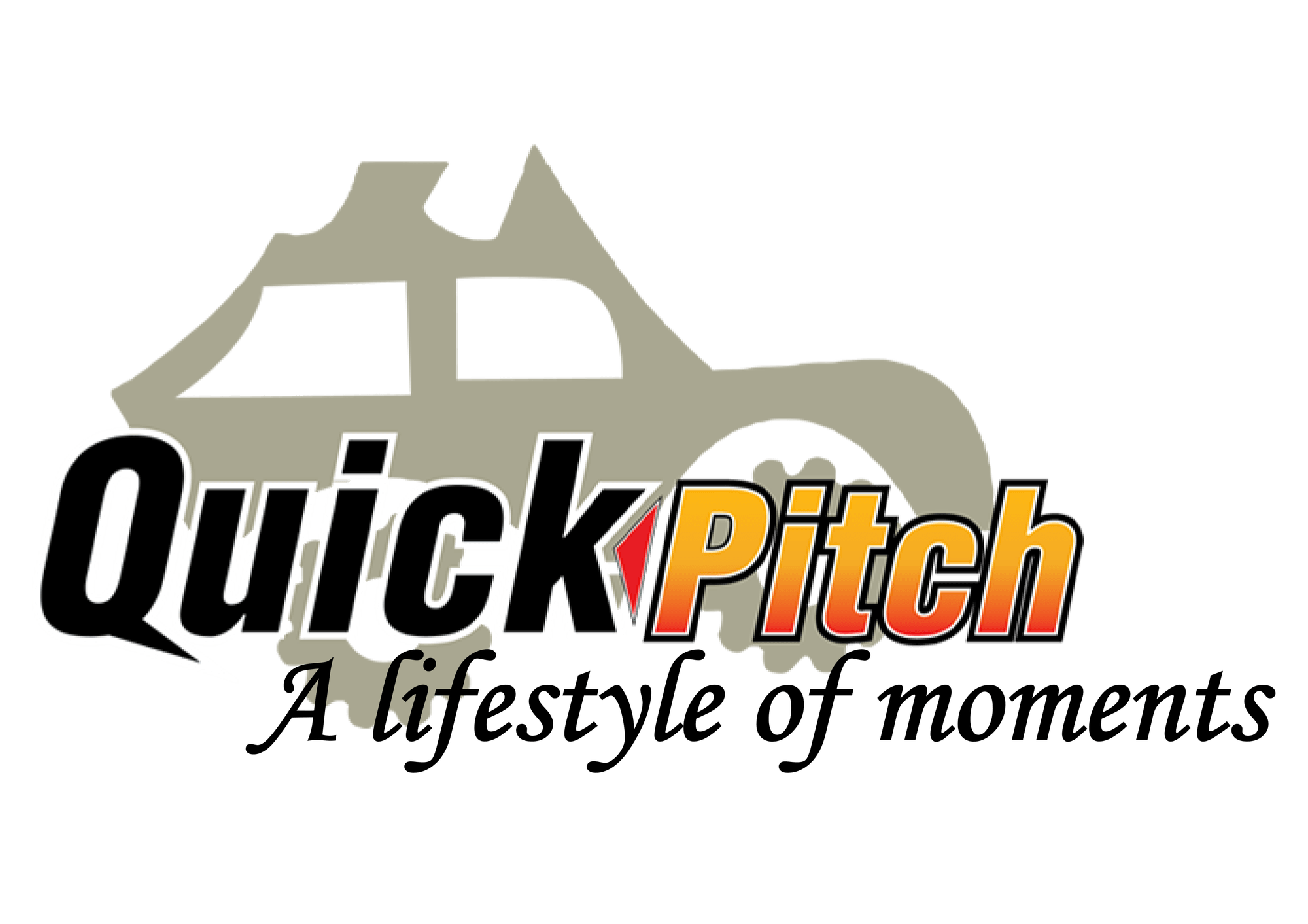 Logo for Quick Pitch, an event or organization, featuring a stylized black and beige racing car with the words "Quick Pitch" in bold black and orange text, and the subtitle "A lifestyle of moments" in cursive black font.