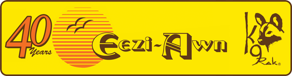 Vintage-style logo celebrating 40 years, with a sunset and flying birds, reading '40 Years Eezi-Awn' and featuring a stylized dog holding a cane.