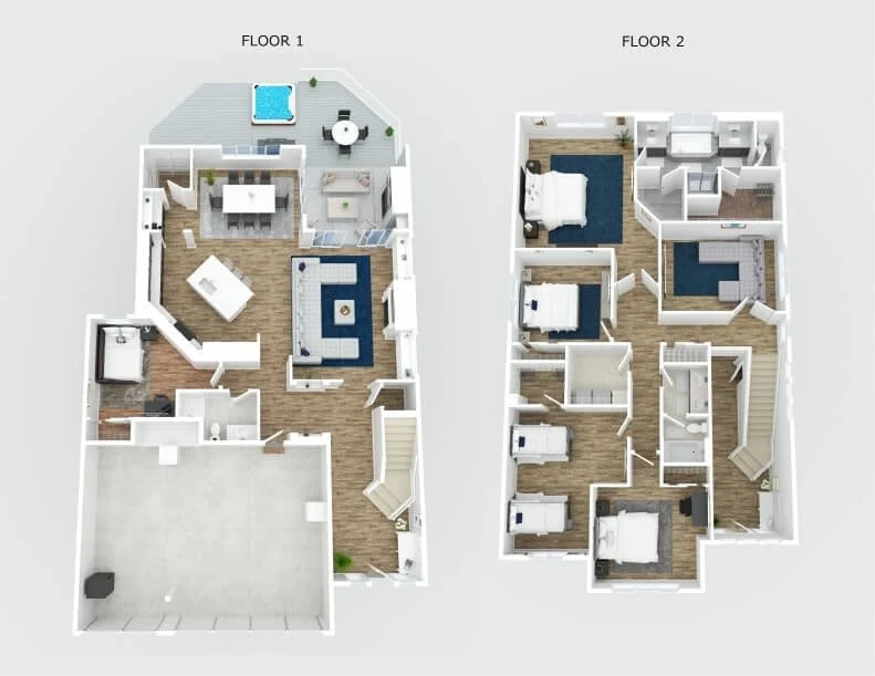 Two-story house floor plan with labeled floors, including living areas, bedrooms, bathrooms, and outdoor space with swimming pool on the first floor.