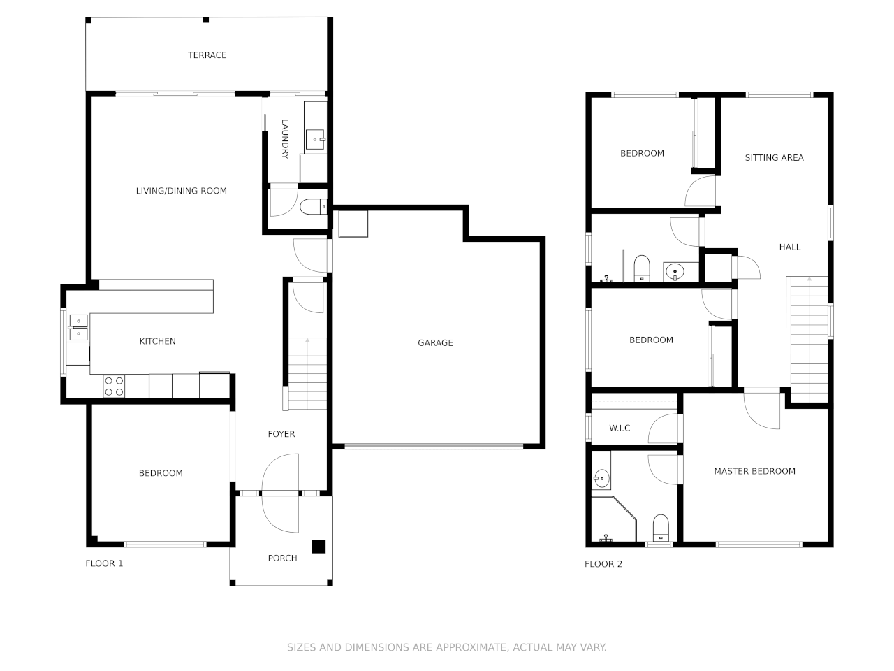 Floor plan of a two-story house showing rooms including kitchen, bedrooms, bathrooms, living room, dining room, laundry, garage, porch, terrace, sitting area, and hall.