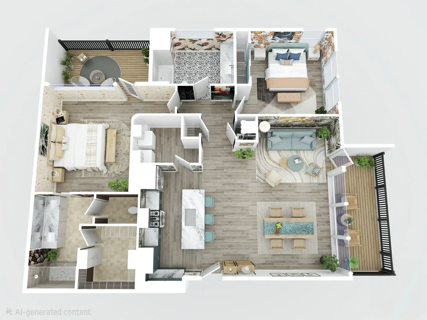 A 3D floor plan of a modern apartment with two bedrooms, a living room, kitchen, dining area, bathroom, and two balconies, decorated with contemporary furniture and decor.