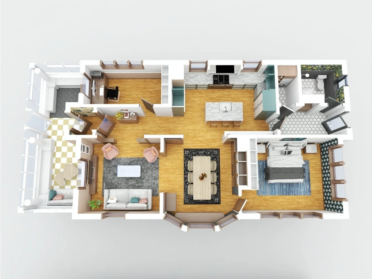 Top-down view of a house floor plan with living room, dining area, kitchen, bedroom, bathroom, and porch.