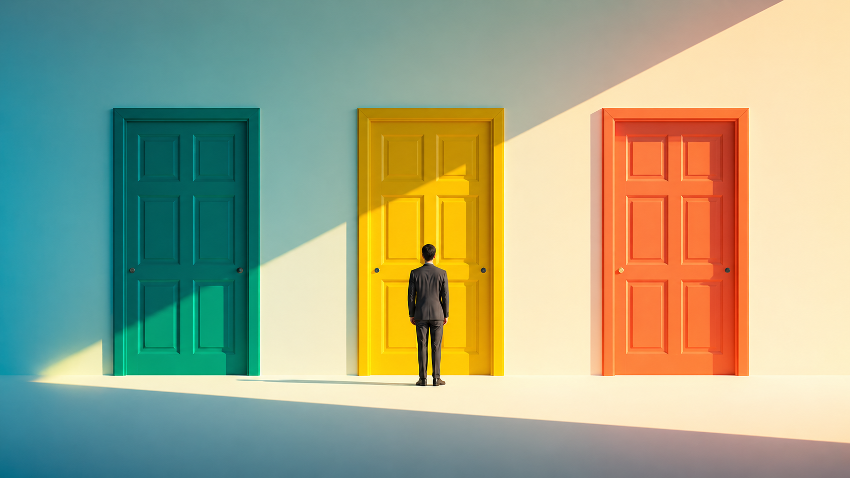 Homme d'affaires regardant trois portes colorées (turquoise, jaune, orange) sur un mur blanc, avec des ombres contrastantes.