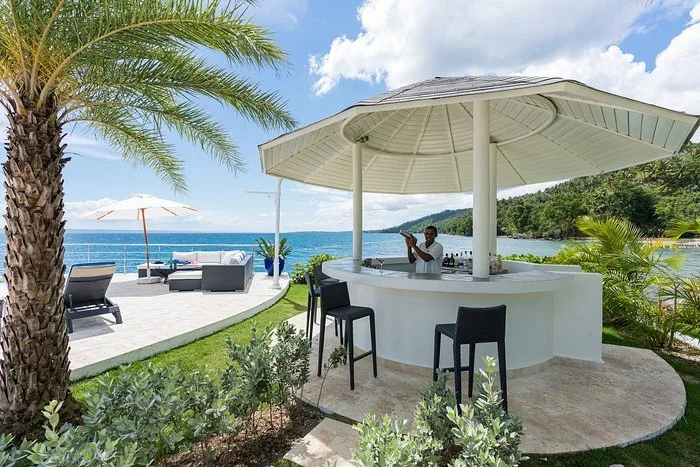 Beachside bar with a bartender, seating area with lounge chairs, palm tree, ocean, and sky in the background.