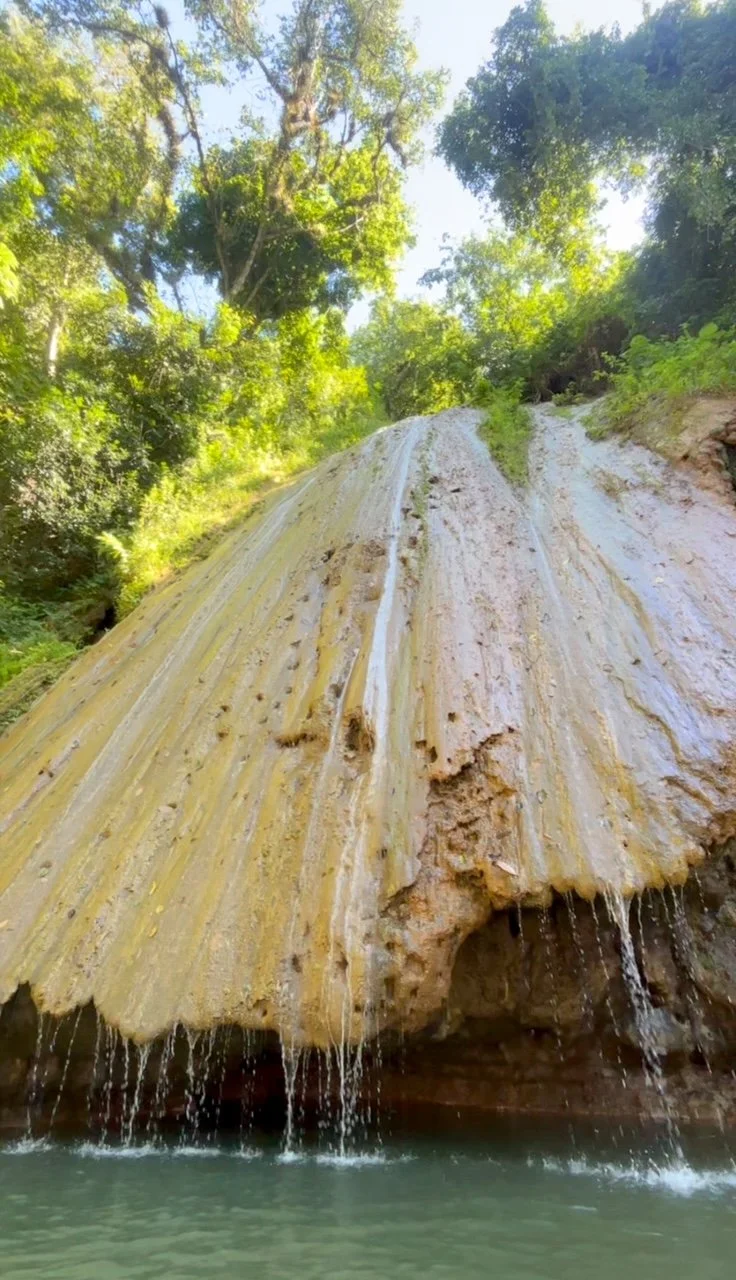 Waterfall cascading over a large rock formation in a green forested area.