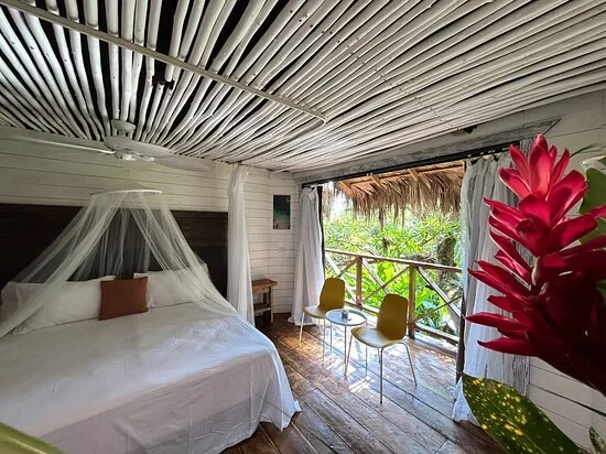 Bedroom with a white bed, mosquito net, two yellow chairs, a small table, and a balcony with lush greenery outside.